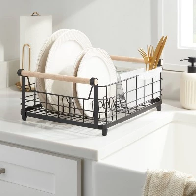 Metal Dish Rack with Powder Coated Finish and Rubber Wood Handles Black - Brightroom™ 3 Metal Dish Rack with Powder Coated Finish and Rubber Wood Handles Black - Brightroom™