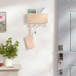 Mixed Material Mail Holder Matte White Hooks on Light Wood - Brightroom™