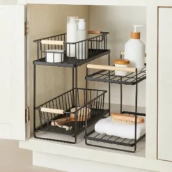 Wood Handle Tiered Vanity Organizer Black - Brightroom™