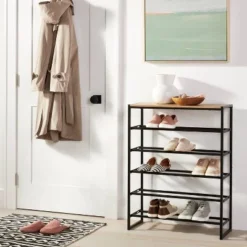 5 Tier Shoe Rack Black Metal with Natural Wood - Brightroom™