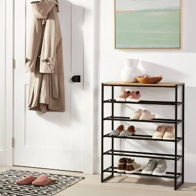 5 Tier Shoe Rack Black Metal with Natural Wood - Brightroom™ 3 5 Tier Shoe Rack Black Metal with Natural Wood - Brightroom™