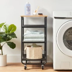 Narrow Metal Storage Cart with Wood Top Black - Brightroom™