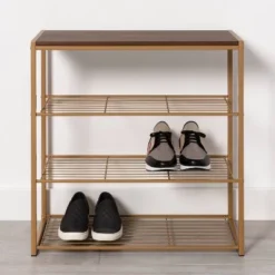 4 Tier Shoe Rack Brass with Walnut Wood - Brightroom™