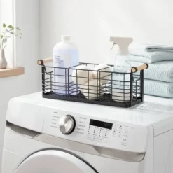 Wire Divided Basket Black with Natural Wood Handles - Brightroom™